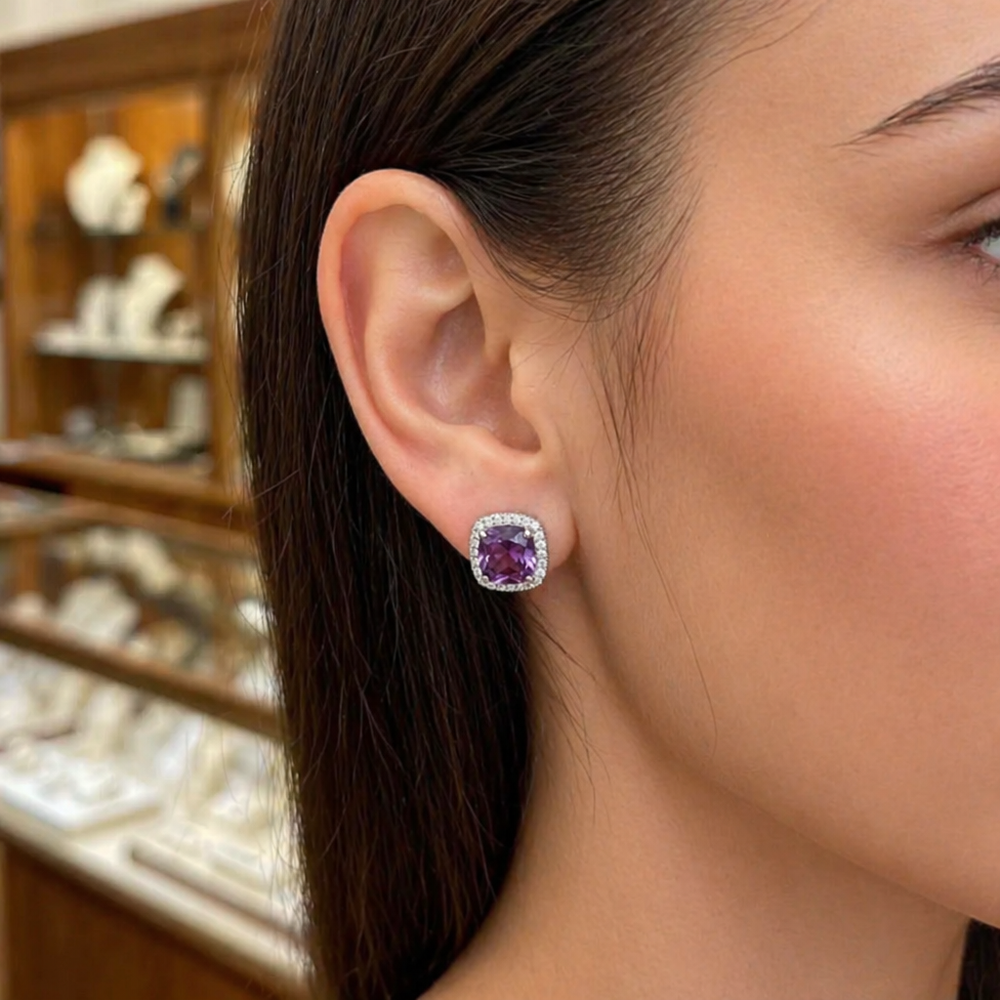 Amethyst Square Pave White Gold Studs — image 2