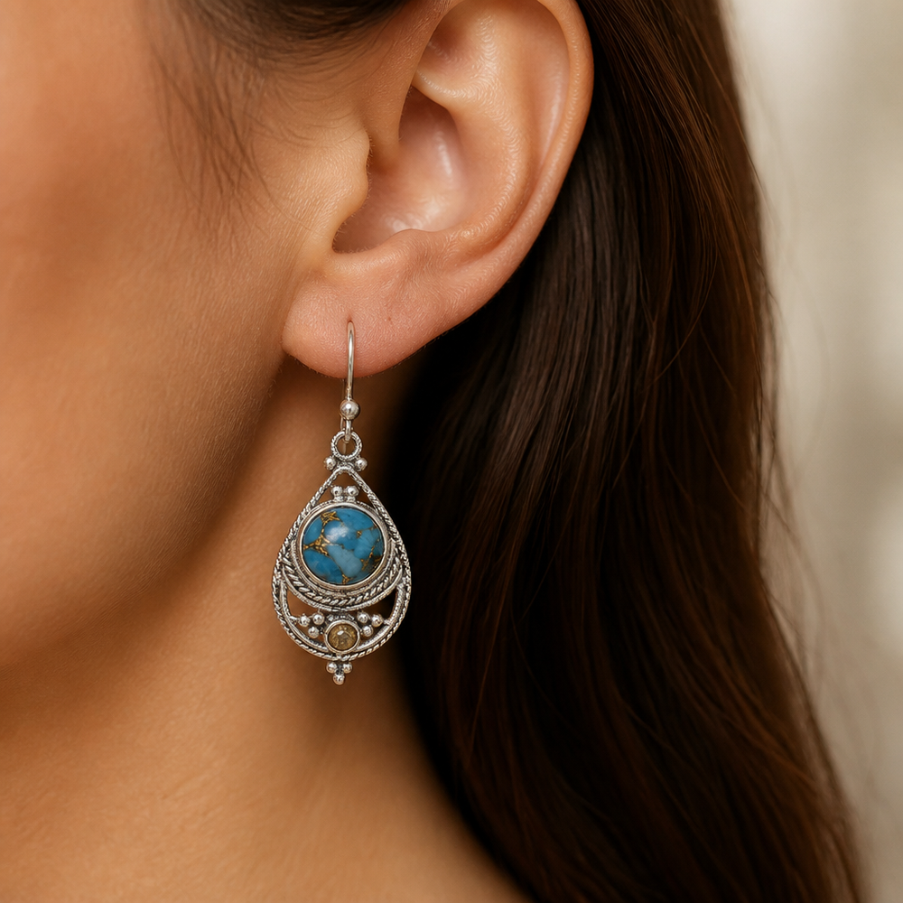 Blue Turquoise Ornate Drop Earrings — image 2