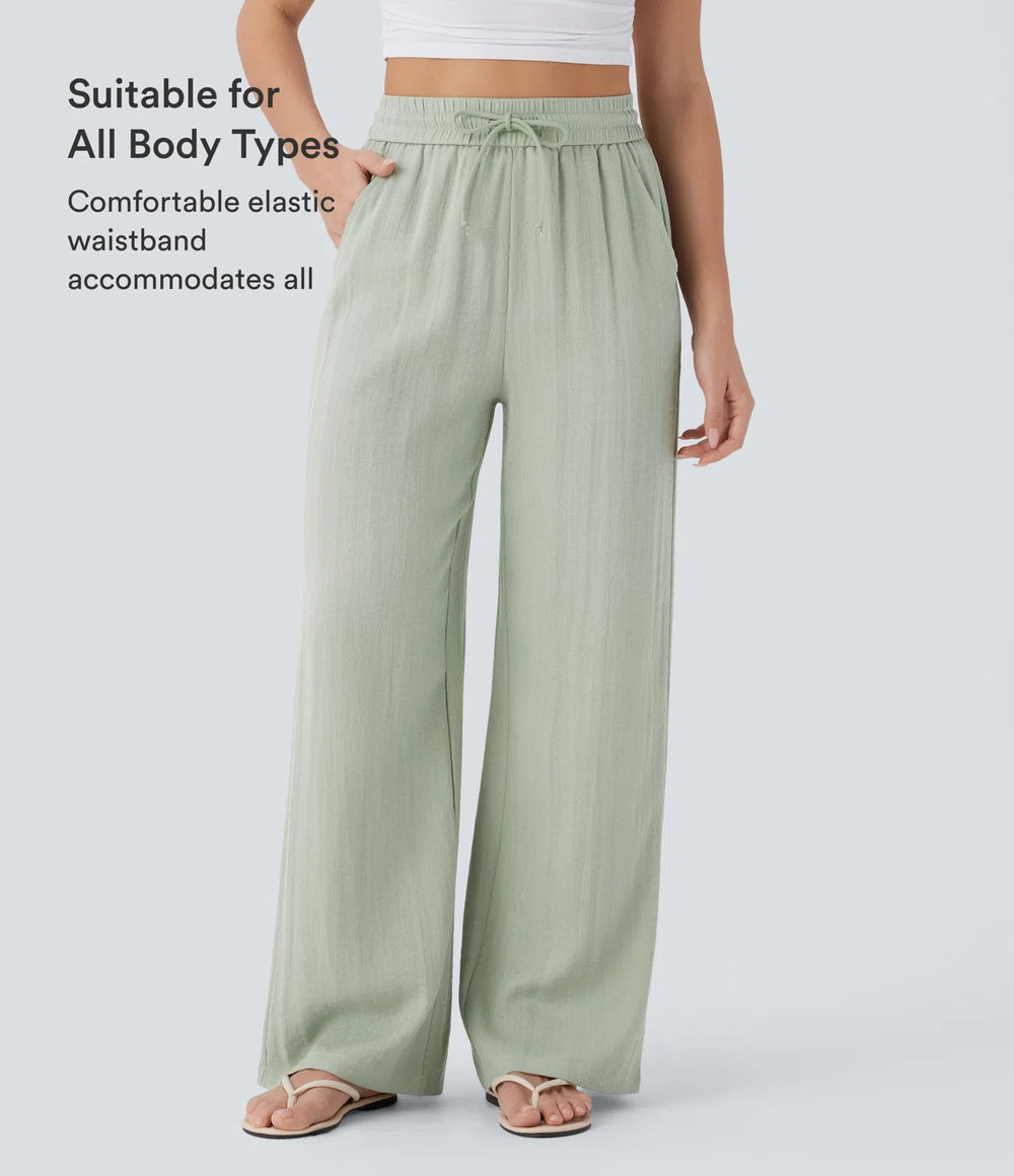 High Waisted Drawstring Pocket Wide Leg Casual Linen-Feel Pants