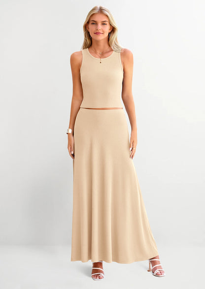 Osonn 2 Piece Maxi Skirt Sets Casual Knit Cropped Tank Top High Waisted Long Skirts Outfit