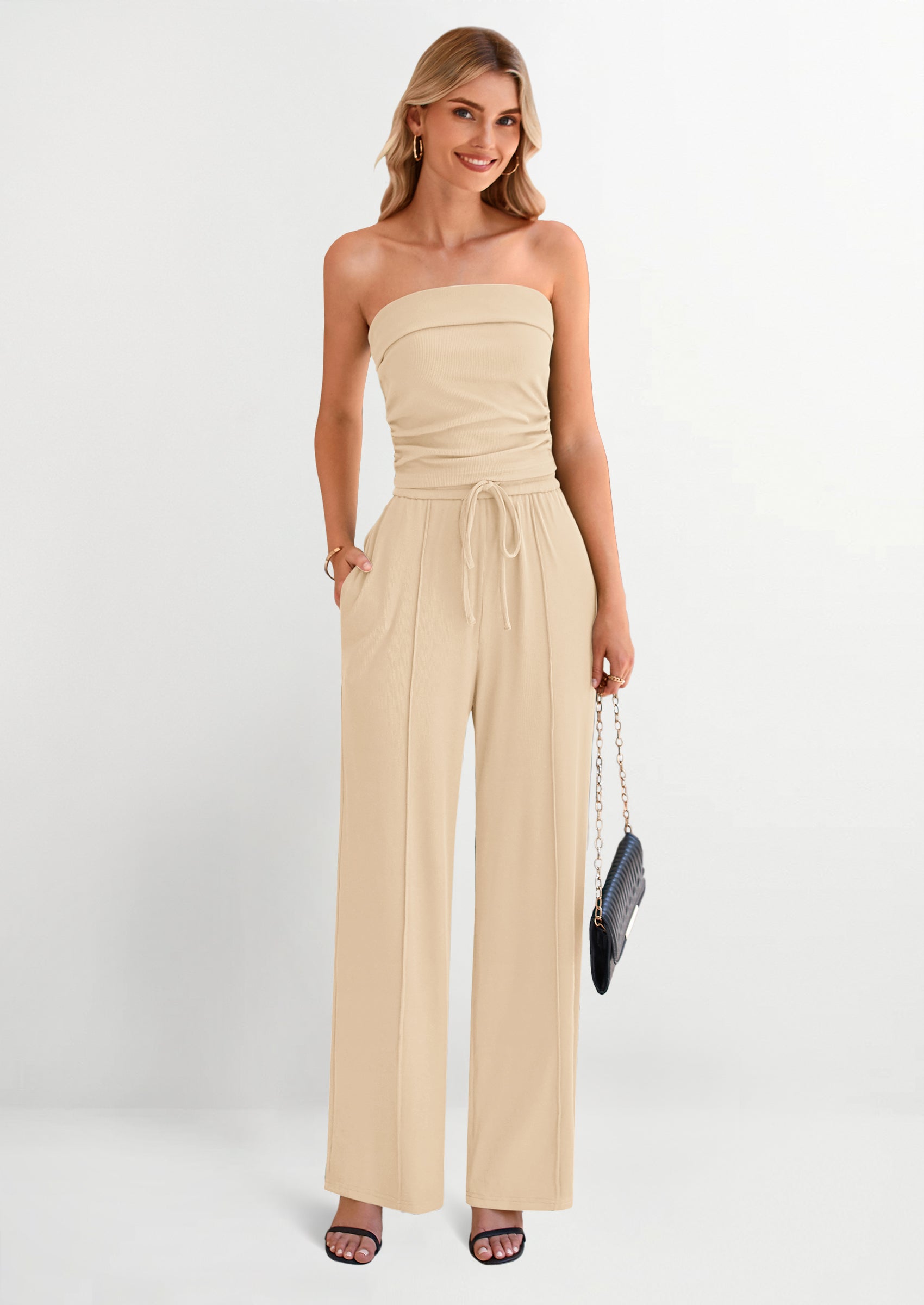 Osonn 2 Piece Sets Casual Ribbed Knit Crop Tube Top Wide Leg Pants Lounge Set
