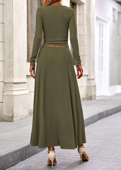 Osonn 2 Piece Casual Ribbed Knit Long Sleeve Crop Tops Maxi Flowy Skirts Matching Sets