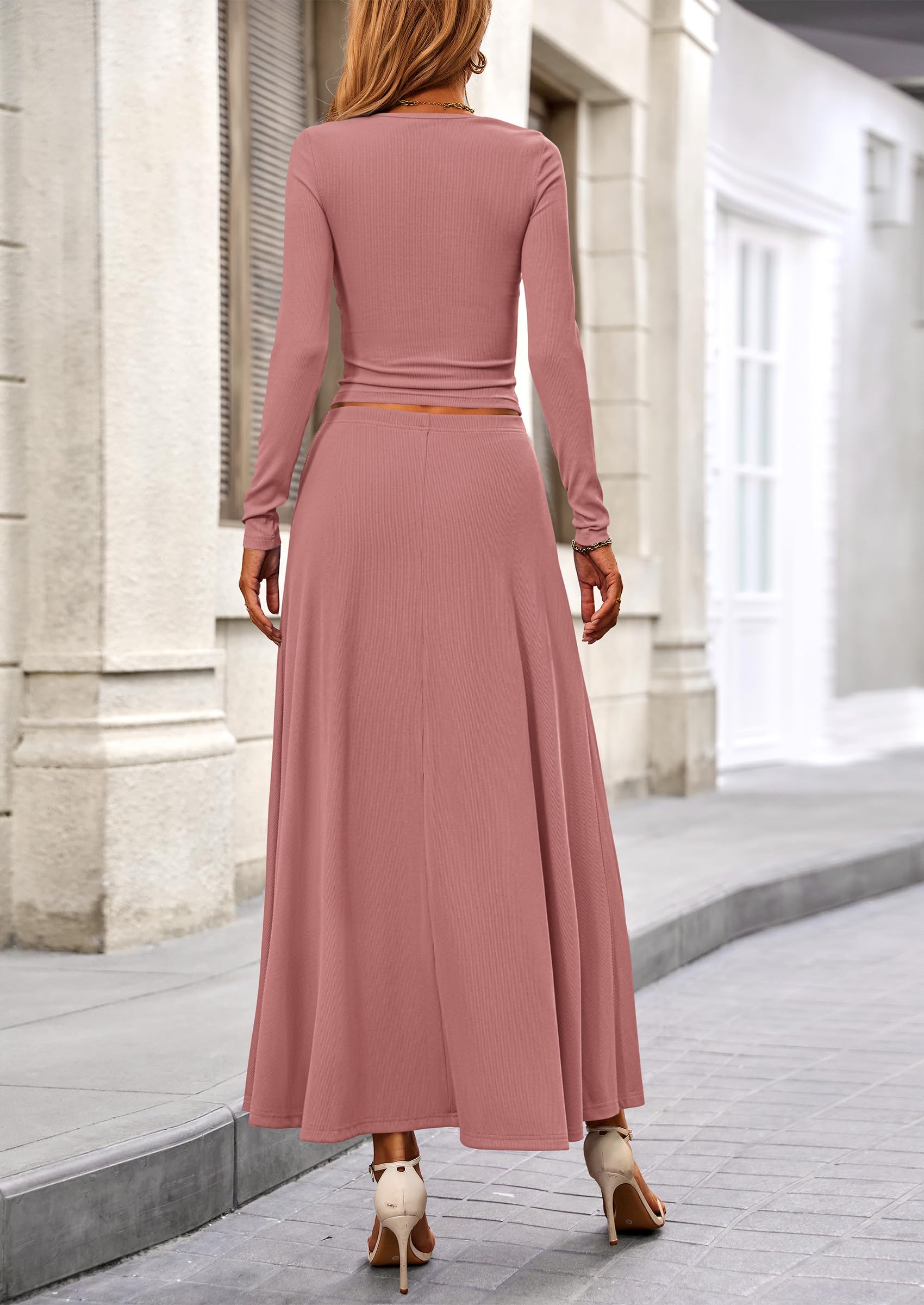 Osonn 2 Piece Casual Ribbed Knit Long Sleeve Crop Tops Maxi Flowy Skirts Matching Sets