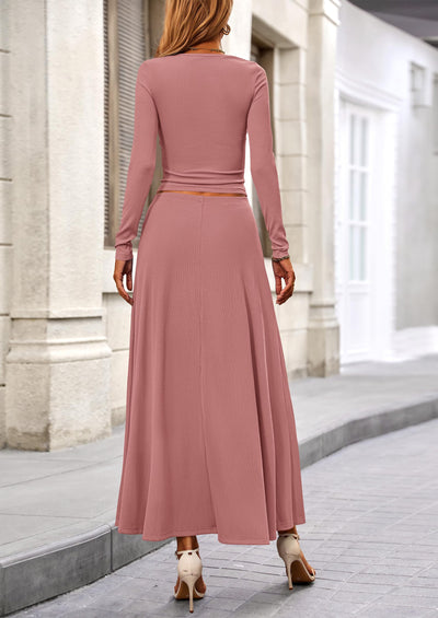Osonn 2 Piece Casual Ribbed Knit Long Sleeve Crop Tops Maxi Flowy Skirts Matching Sets