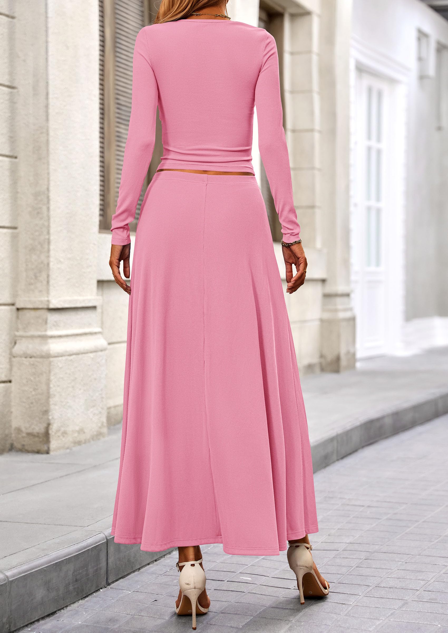 Osonn 2 Piece Casual Ribbed Knit Long Sleeve Crop Tops Maxi Flowy Skirts Matching Sets