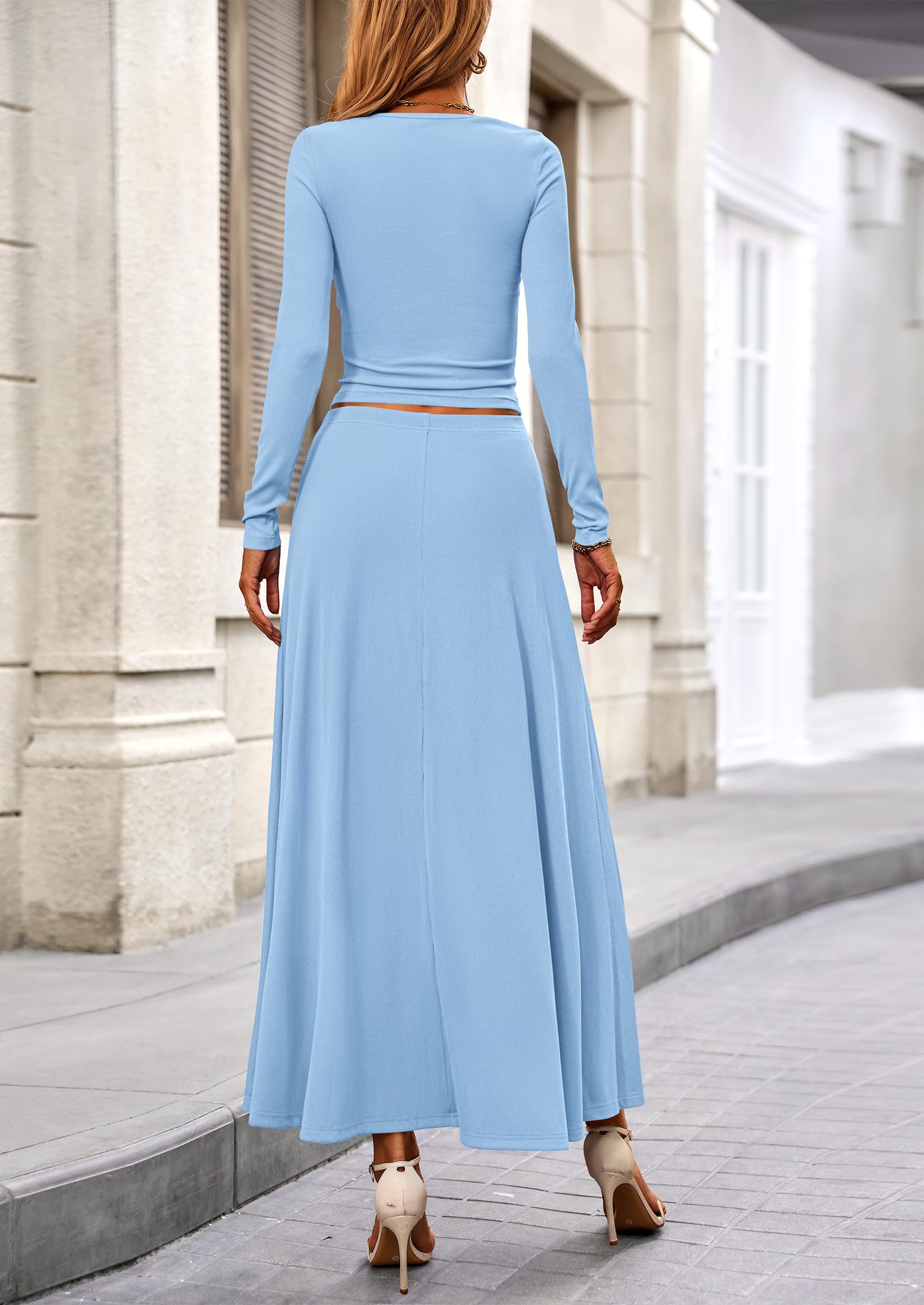 Osonn 2 Piece Casual Ribbed Knit Long Sleeve Crop Tops Maxi Flowy Skirts Matching Sets
