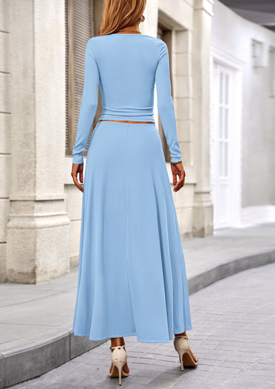 Osonn 2 Piece Casual Ribbed Knit Long Sleeve Crop Tops Maxi Flowy Skirts Matching Sets