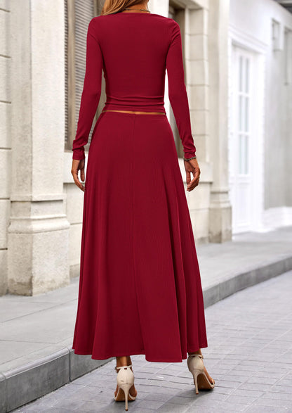 Osonn 2 Piece Casual Ribbed Knit Long Sleeve Crop Tops Maxi Flowy Skirts Matching Sets