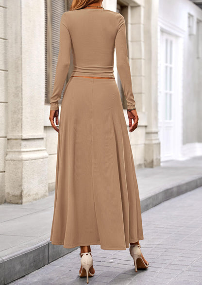 Osonn 2 Piece Casual Ribbed Knit Long Sleeve Crop Tops Maxi Flowy Skirts Matching Sets