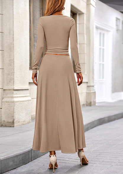Osonn 2 Piece Casual Ribbed Knit Long Sleeve Crop Tops Maxi Flowy Skirts Matching Sets