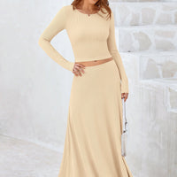 Osonn 2 Piece Casual Ribbed Knit Long Sleeve Crop Tops Maxi Flowy Skirts Matching Sets