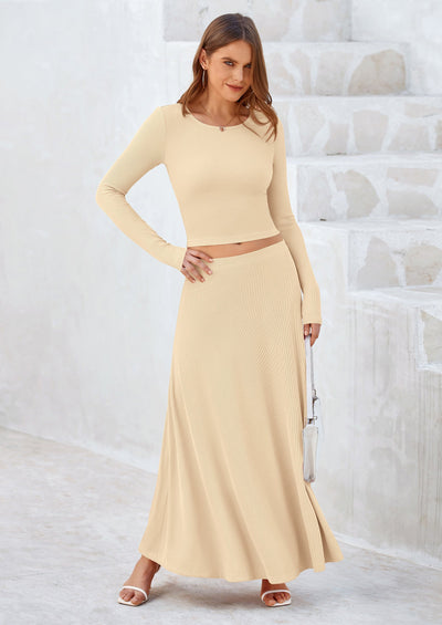 Osonn 2 Piece Casual Ribbed Knit Long Sleeve Crop Tops Maxi Flowy Skirts Matching Sets