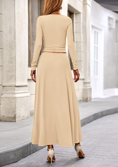 Osonn 2 Piece Casual Ribbed Knit Long Sleeve Crop Tops Maxi Flowy Skirts Matching Sets
