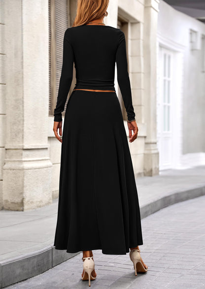 Osonn 2 Piece Casual Ribbed Knit Long Sleeve Crop Tops Maxi Flowy Skirts Matching Sets
