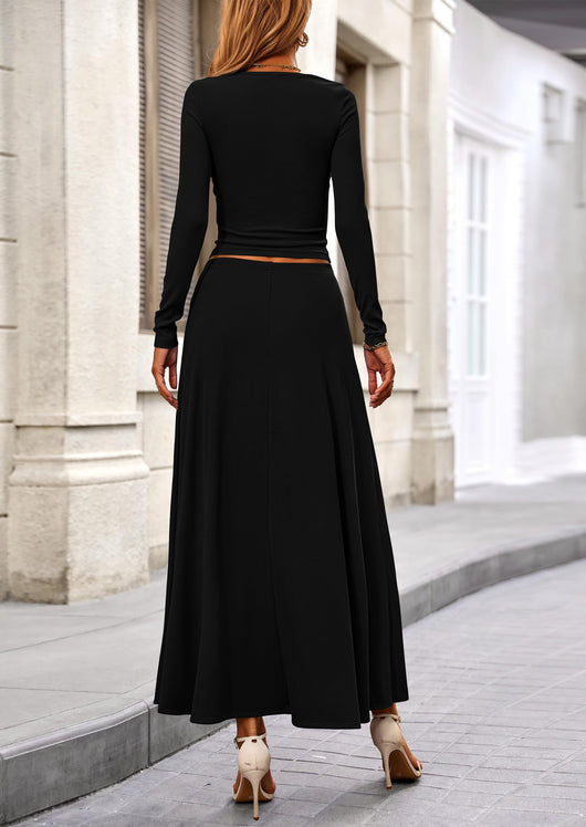 Osonn 2 Piece Casual Ribbed Knit Long Sleeve Crop Tops Maxi Flowy Skirts Matching Sets