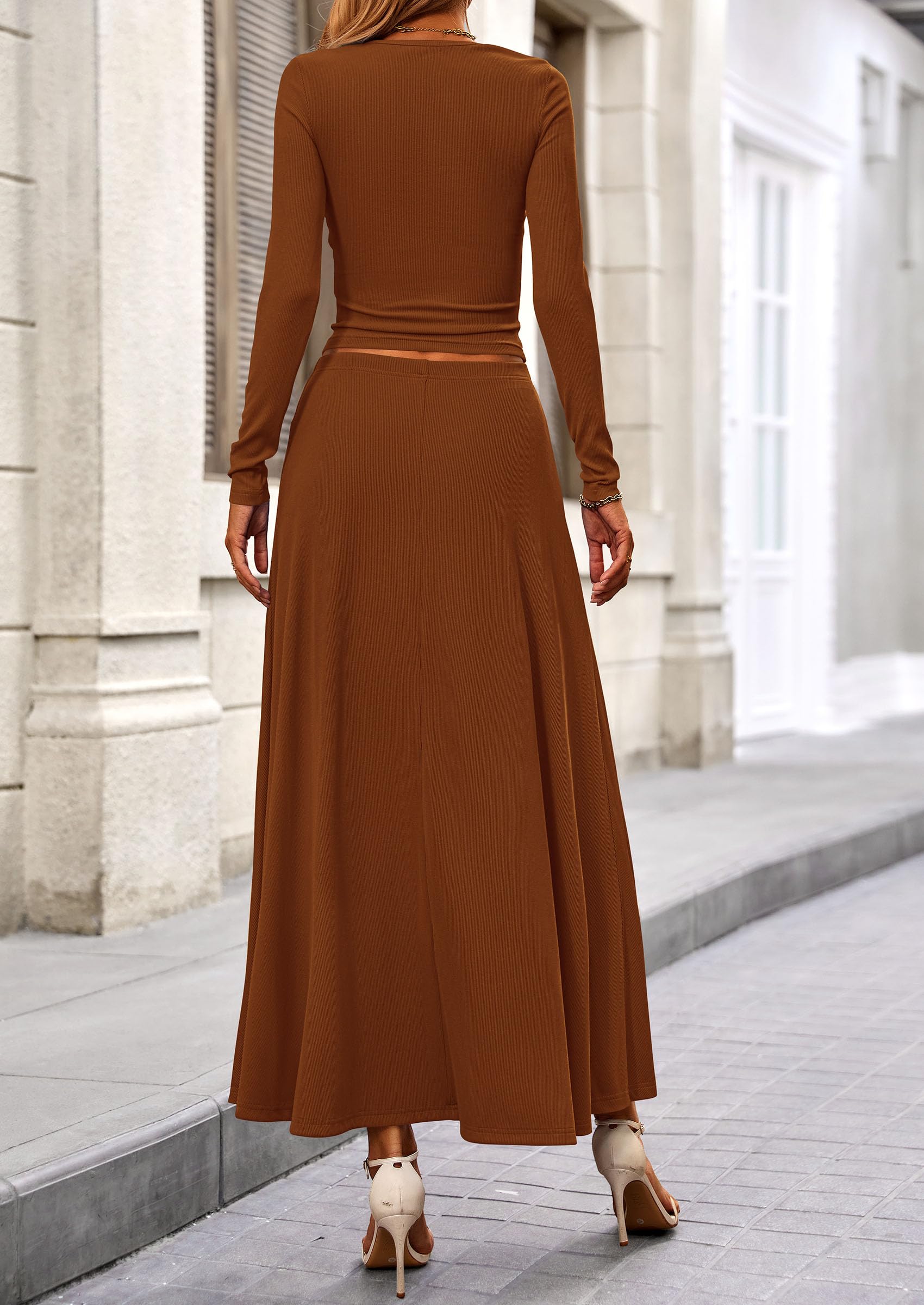 Osonn 2 Piece Casual Ribbed Knit Long Sleeve Crop Tops Maxi Flowy Skirts Matching Sets