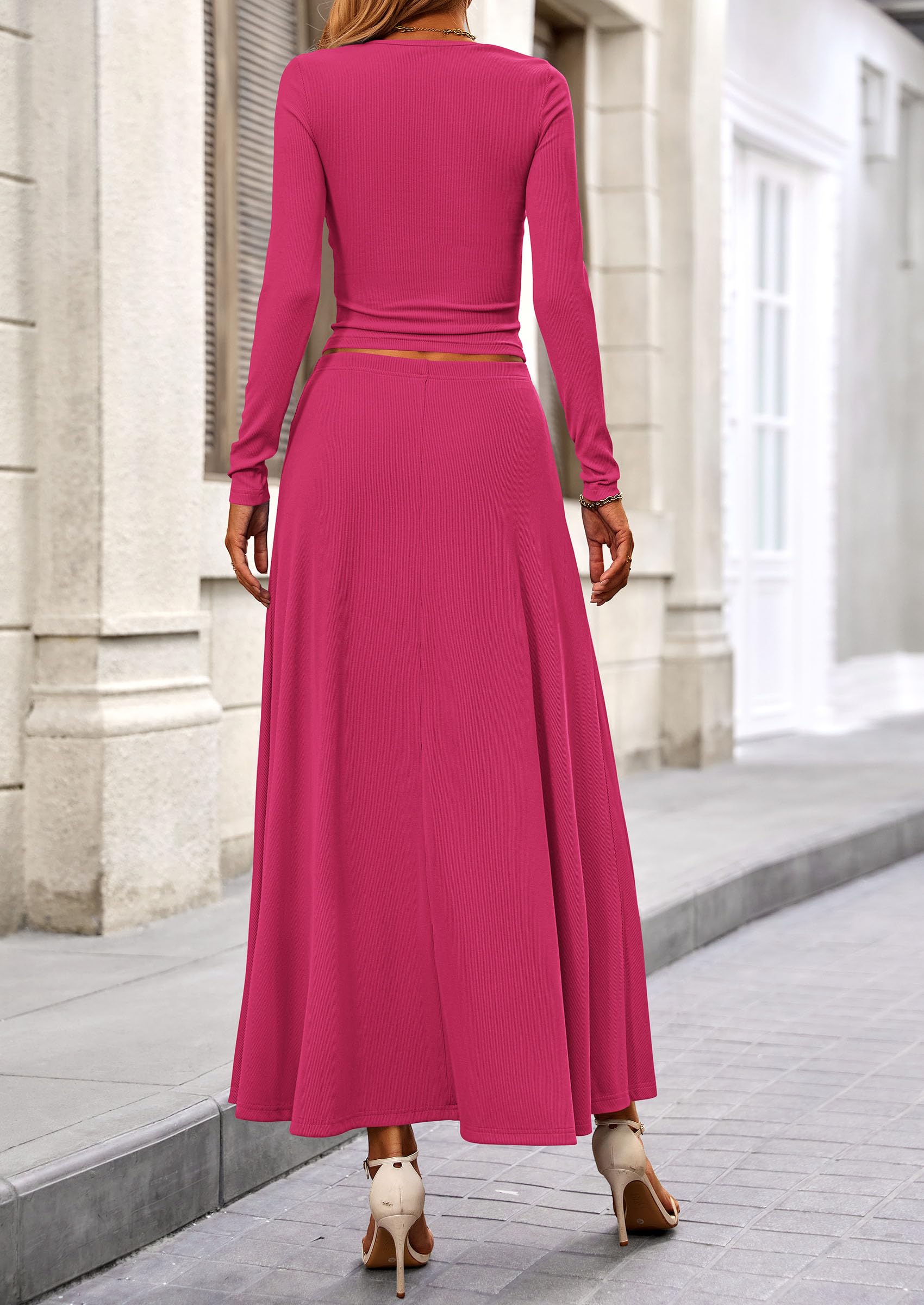 Osonn 2 Piece Casual Ribbed Knit Long Sleeve Crop Tops Maxi Flowy Skirts Matching Sets