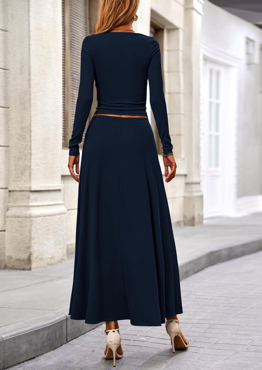 Osonn 2 Piece Casual Ribbed Knit Long Sleeve Crop Tops Maxi Flowy Skirts Matching Sets