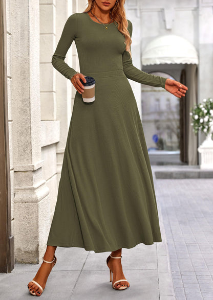 Osonn 2 Piece Casual Ribbed Knit Long Sleeve Crop Tops Maxi Flowy Skirts Matching Sets