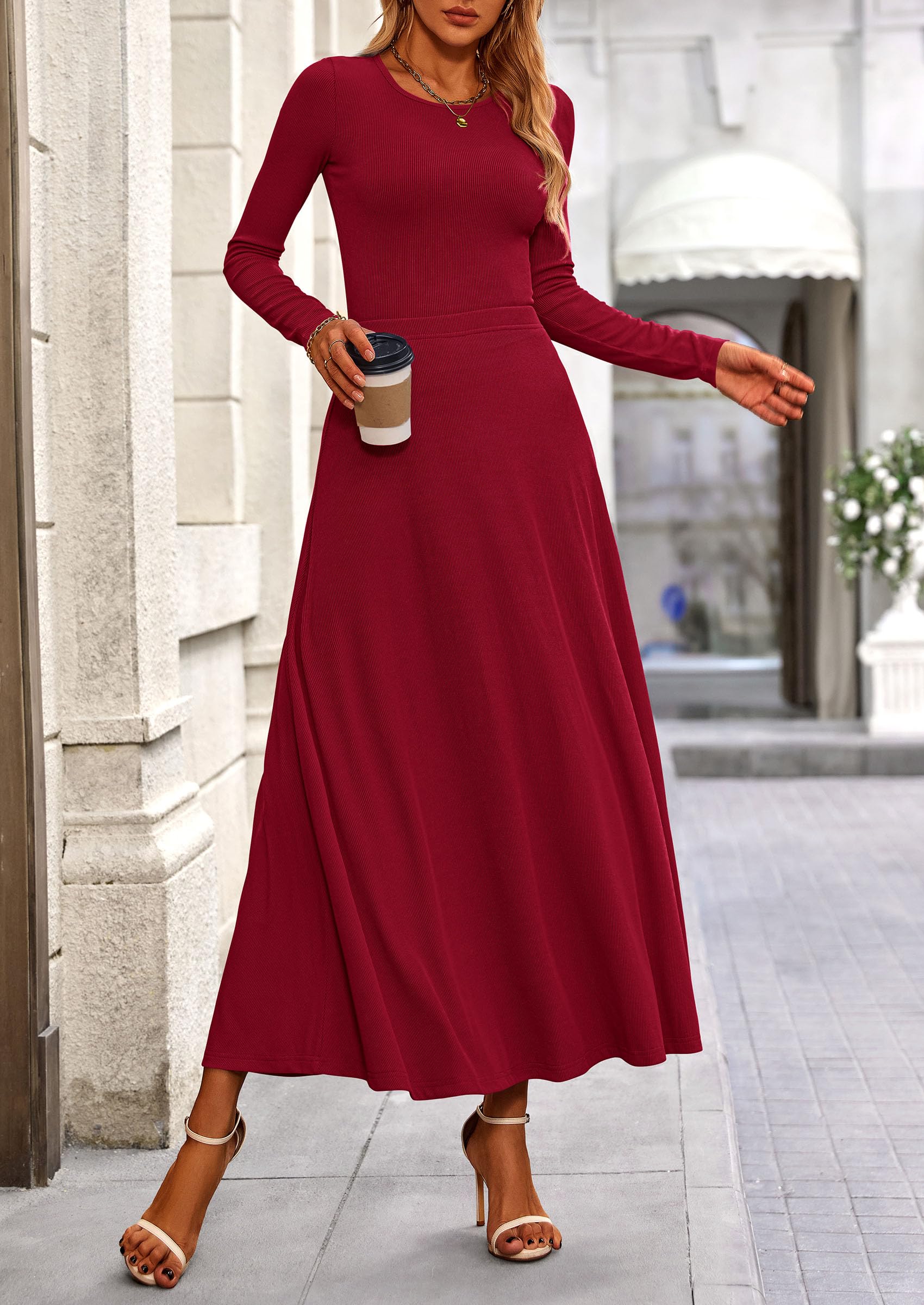 Osonn 2 Piece Casual Ribbed Knit Long Sleeve Crop Tops Maxi Flowy Skirts Matching Sets