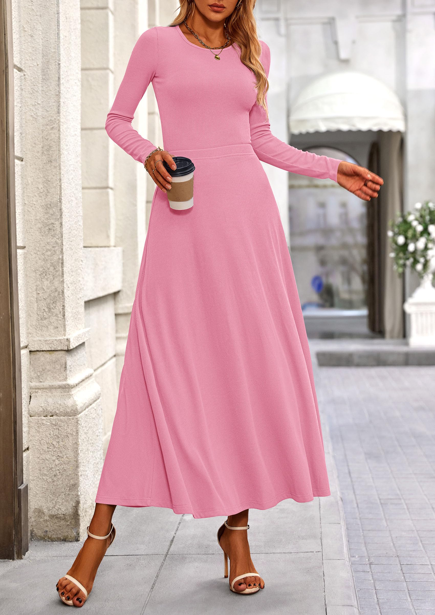 Osonn 2 Piece Casual Ribbed Knit Long Sleeve Crop Tops Maxi Flowy Skirts Matching Sets