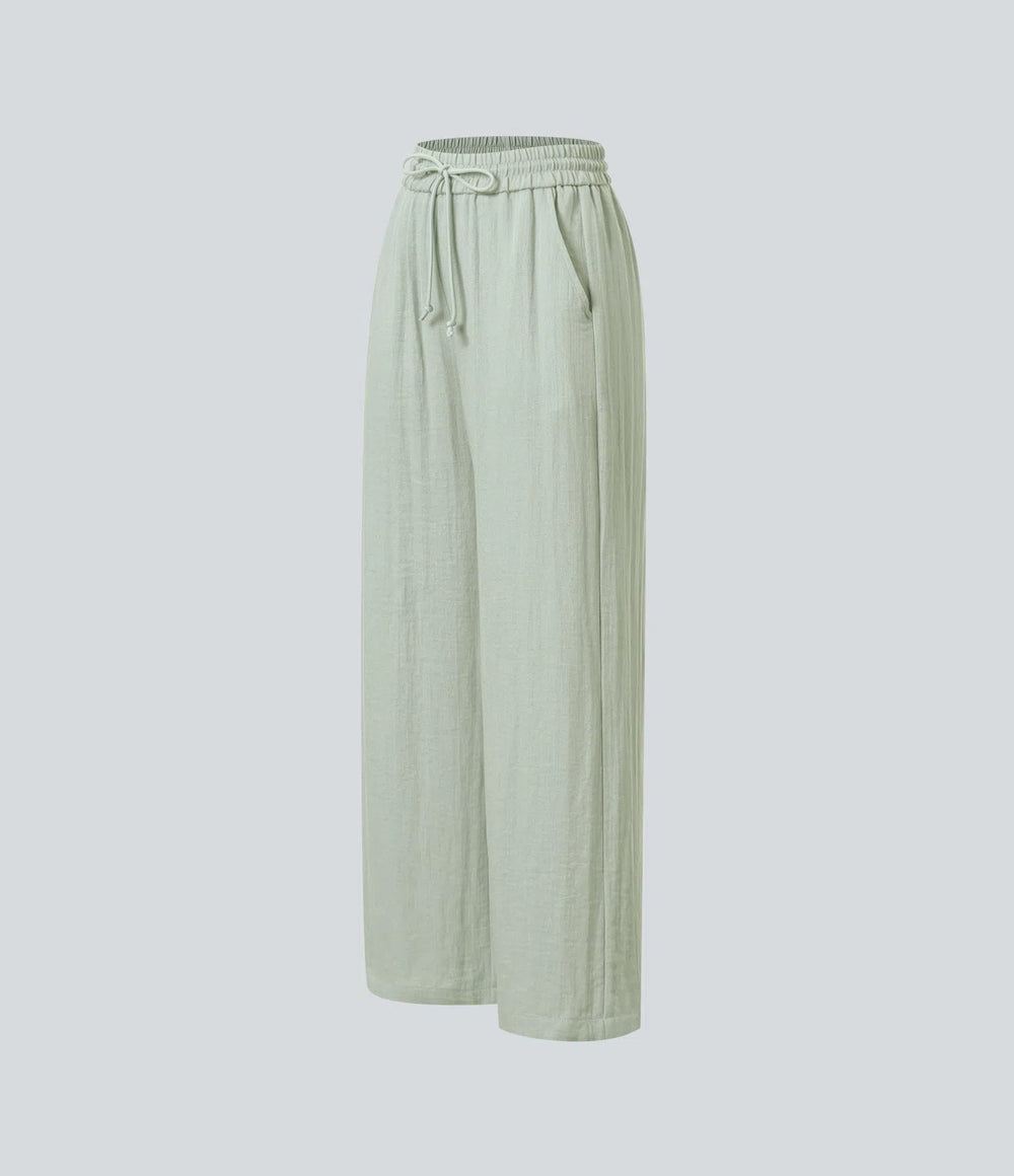 High Waisted Drawstring Pocket Wide Leg Casual Linen-Feel Pants