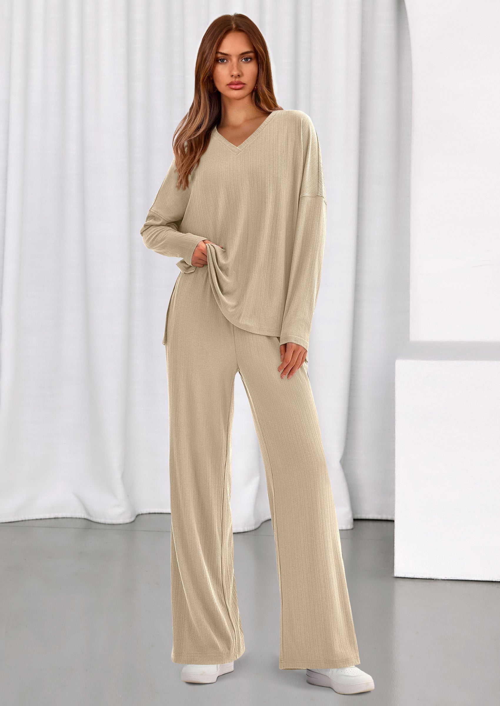 Osonn 2 Piece Lounge Sets for Women Fall Outfits Casual Loose Long Sleeve Tops Wide Leg Pants Matching Pajama Set