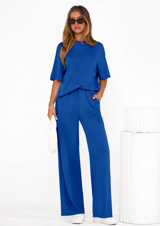 Osonn Women's Summer 2 Piece Lounge Set Short Sleeve Tops Wide Leg Pants Spring Vacation Travel Outfits Clothes