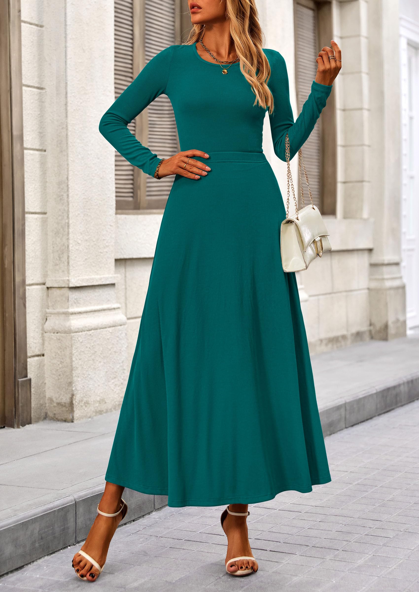 Osonn 2 Piece Casual Ribbed Knit Long Sleeve Crop Tops Maxi Flowy Skirts Matching Sets