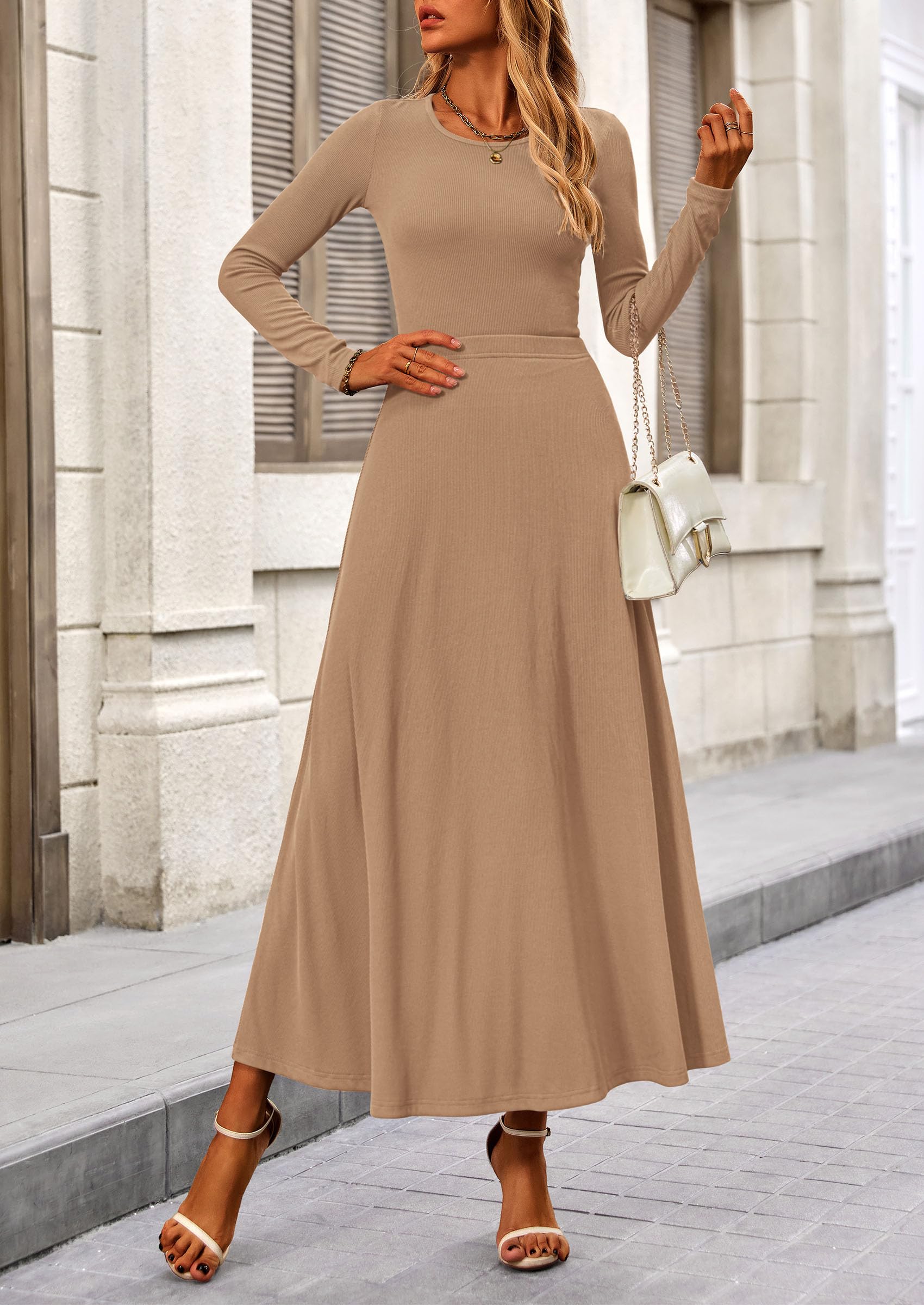 Osonn 2 Piece Casual Ribbed Knit Long Sleeve Crop Tops Maxi Flowy Skirts Matching Sets