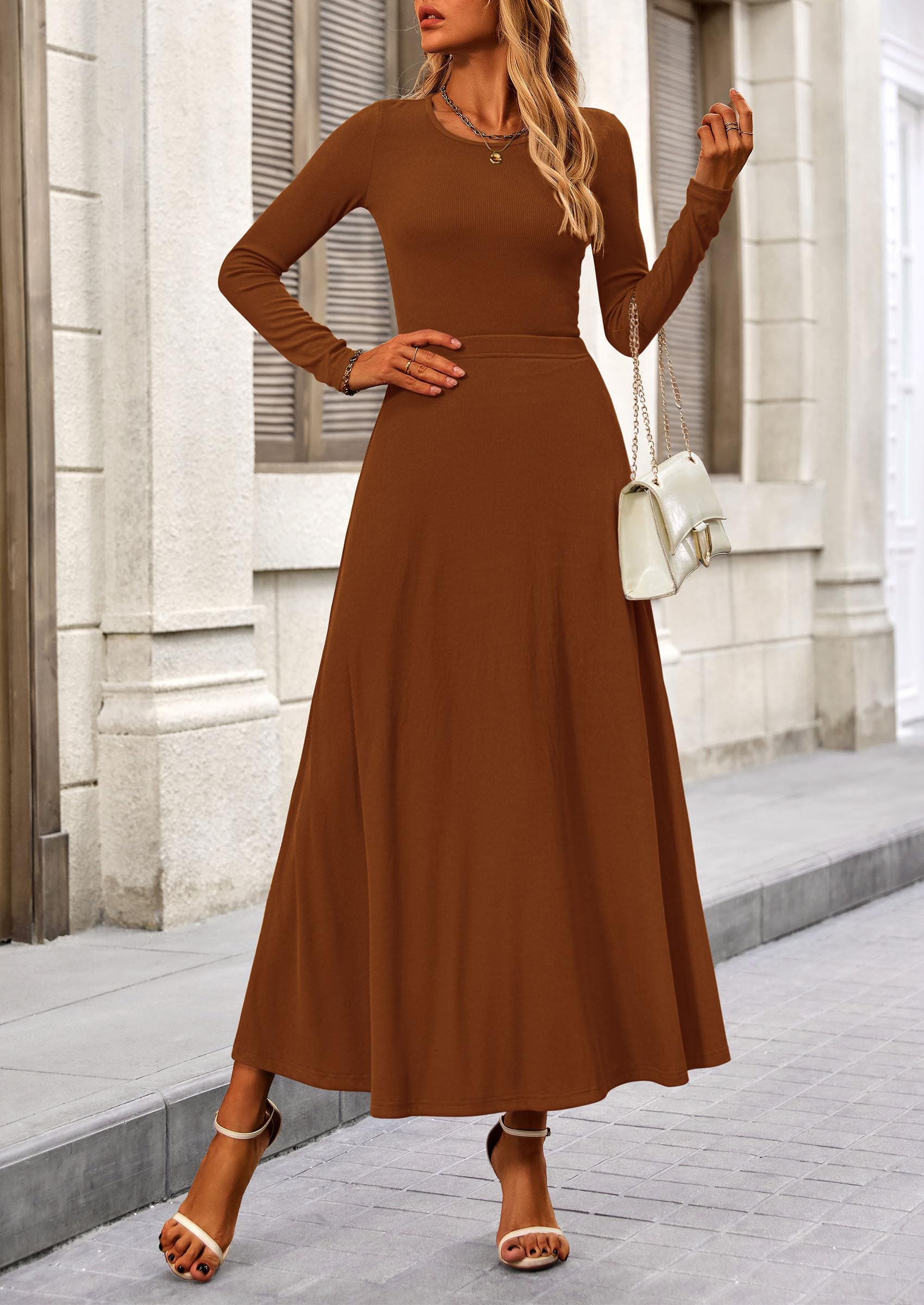 Osonn 2 Piece Casual Ribbed Knit Long Sleeve Crop Tops Maxi Flowy Skirts Matching Sets