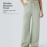 High Waisted Drawstring Pocket Wide Leg Casual Linen-Feel Pants
