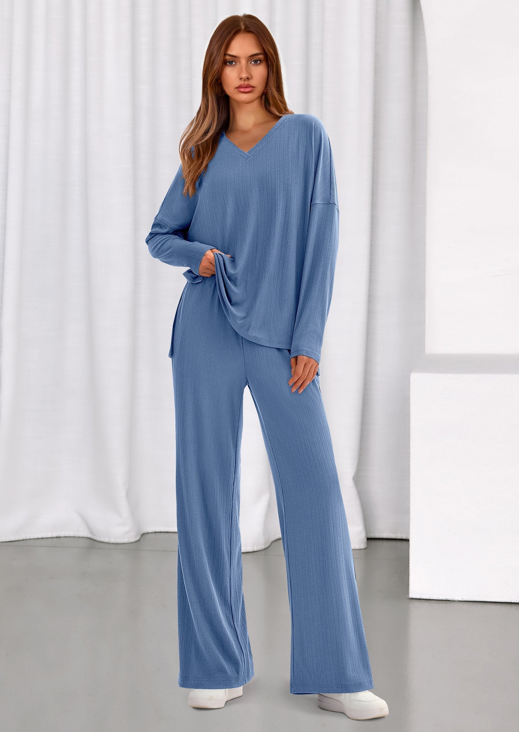 Osonn 2 Piece Lounge Sets for Women Fall Outfits Casual Loose Long Sleeve Tops Wide Leg Pants Matching Pajama Set