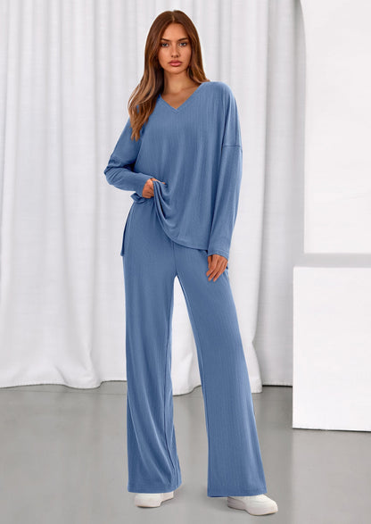 Osonn 2 Piece Lounge Sets for Women Fall Outfits Casual Loose Long Sleeve Tops Wide Leg Pants Matching Pajama Set