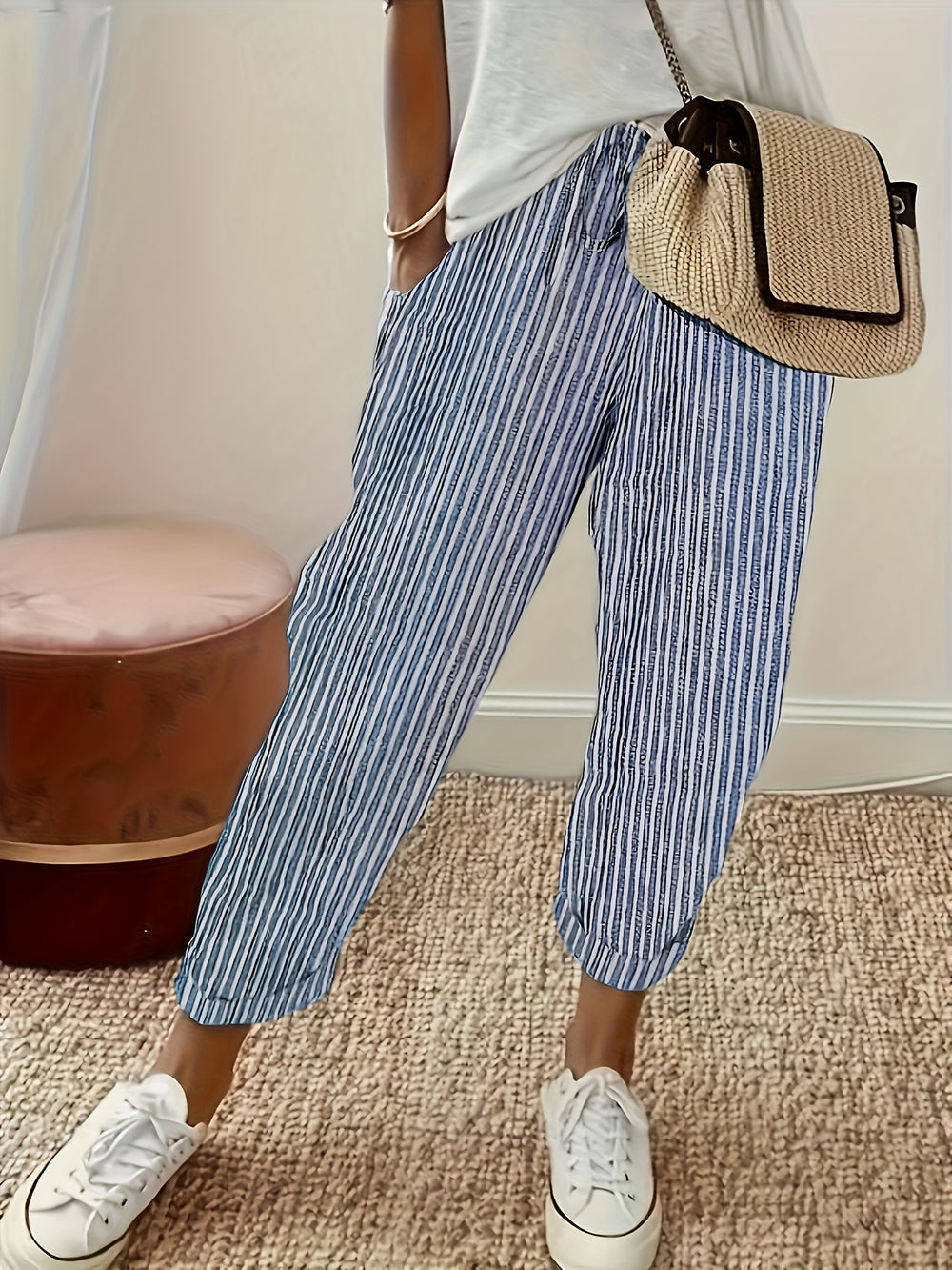 Women's Striped Wide-Leg Casual Pants - High-Waisted, Lightweight Polyester, Machine Washable, All-Season Comfort with Side Stripe Detail