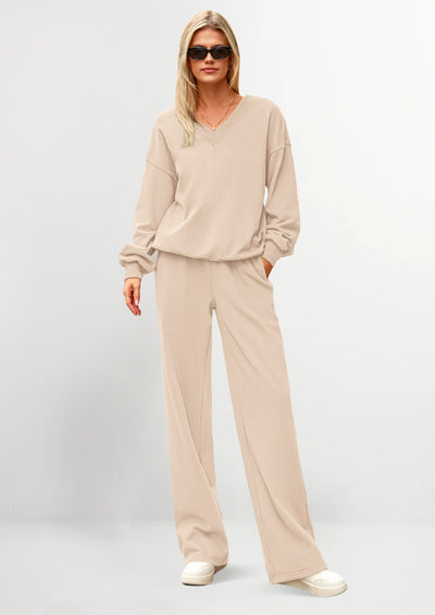 Osonn Casual Winter Two Piece Sets for Women V Neck Sweatshirt Loose Wide Leg Pants Tracksuit Knit Fall Outfits