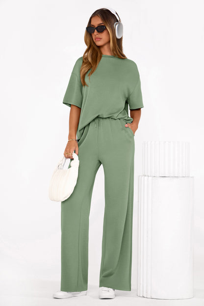 Osonn Women's Summer 2 Piece Lounge Set Short Sleeve Tops Wide Leg Pants Spring Vacation Travel Outfits Clothes