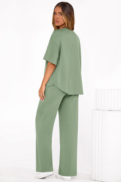 Osonn Women's Summer 2 Piece Lounge Set Short Sleeve Tops Wide Leg Pants Spring Vacation Travel Outfits Clothes