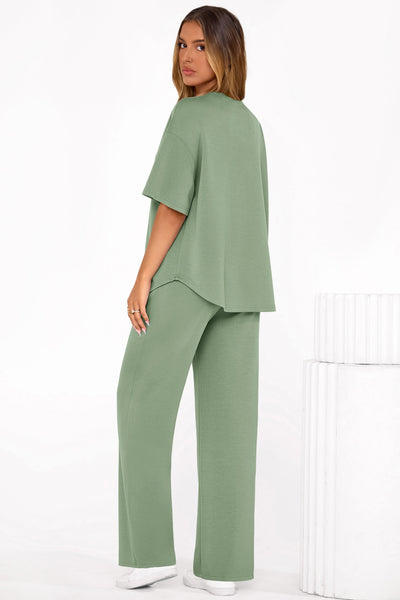 Osonn Women's Summer 2 Piece Lounge Set Short Sleeve Tops Wide Leg Pants Spring Vacation Travel Outfits Clothes