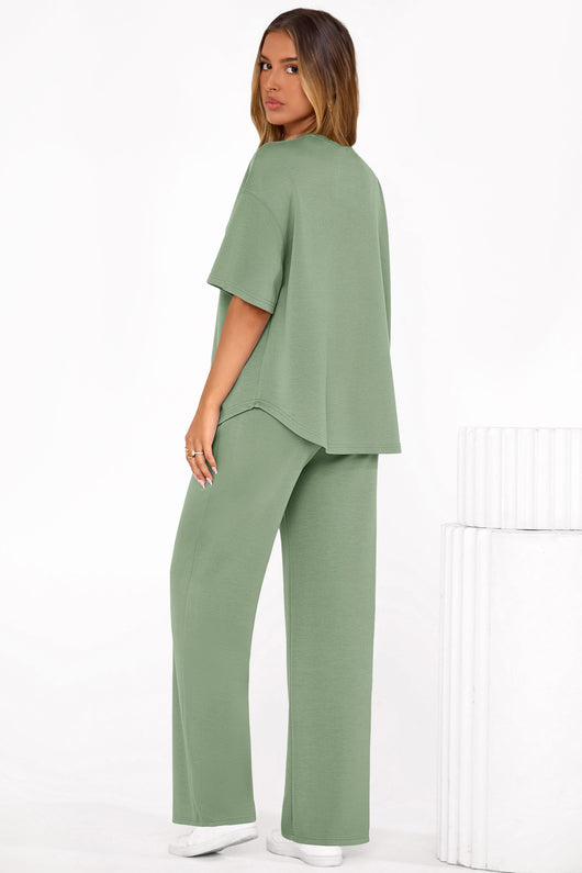Osonn Women's Summer 2 Piece Lounge Set Short Sleeve Tops Wide Leg Pants Spring Vacation Travel Outfits Clothes