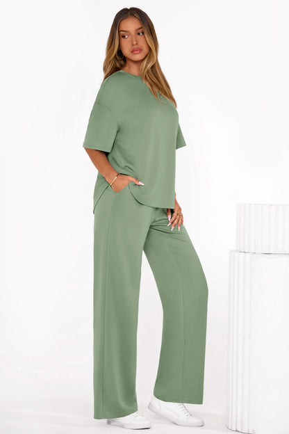 Osonn Women's Summer 2 Piece Lounge Set Short Sleeve Tops Wide Leg Pants Spring Vacation Travel Outfits Clothes