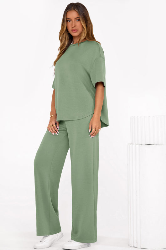 Osonn Women's Summer 2 Piece Lounge Set Short Sleeve Tops Wide Leg Pants Spring Vacation Travel Outfits Clothes