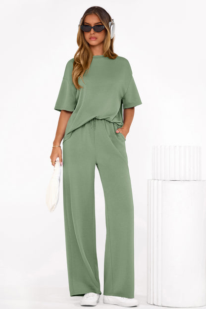 Osonn Women's Summer 2 Piece Lounge Set Short Sleeve Tops Wide Leg Pants Spring Vacation Travel Outfits Clothes