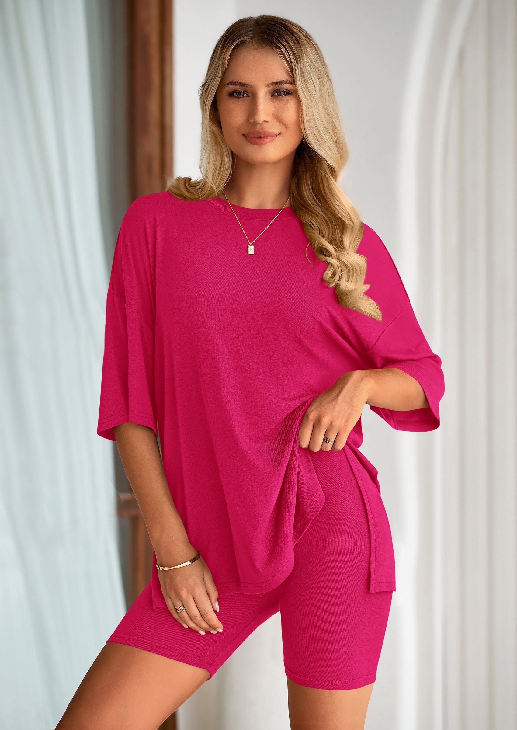Osonn Women's Two Piece Lounge Set Summer Casual Oversized Shirts Biker Shorts Matching Airport Travel Outfit