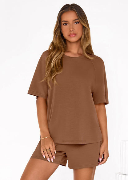 Osonn Women's 2 Piece Lounge Sets Short Sleeve Shirts Casual Tops Shorts Matching Clothing Summer Airport Outfits