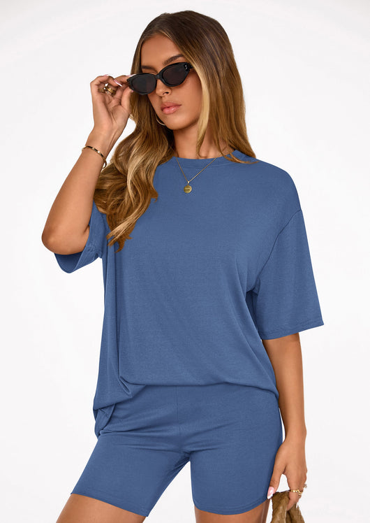 Osonn Women's Two Piece Matching Lounge Sets Summer Casual Tops Short Sleeve Shirts Shorts Travel Airport Outfits