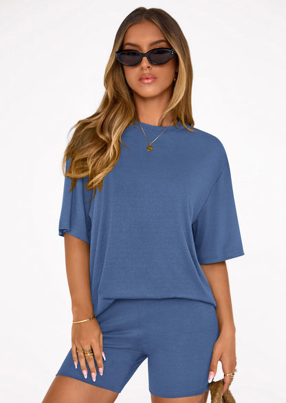 Osonn Women's Two Piece Matching Lounge Sets Summer Casual Tops Short Sleeve Shirts Shorts Travel Airport Outfits