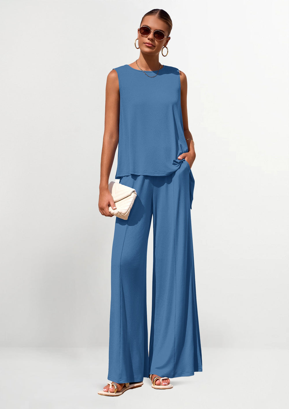 Osonn Women's Two Piece Matching Lounge Sets Asymmetrical Split Tank Tops Wide Leg Pants Summer Outfits Tracksuit