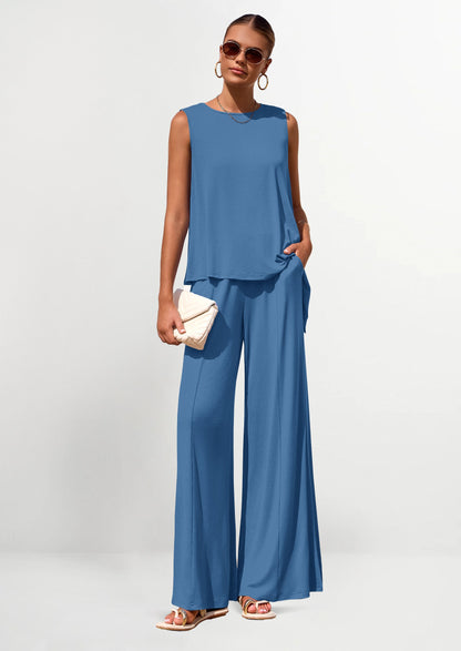 Osonn Women's Two Piece Matching Lounge Sets Asymmetrical Split Tank Tops Wide Leg Pants Summer Outfits Tracksuit
