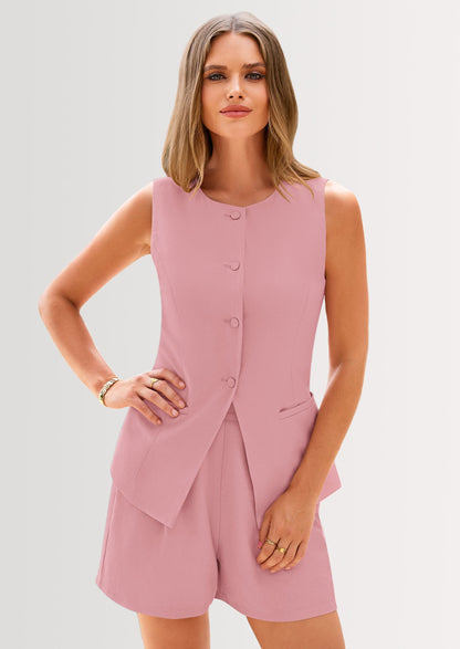 Osonn Two Piece Sets Button Down Suit Vest Tops High Waisted Shorts Business Casual Outfits